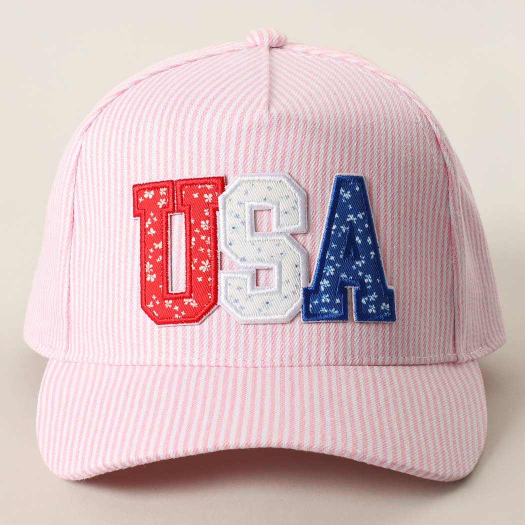 Pink USA Letter Patch Striped Trucker Hat