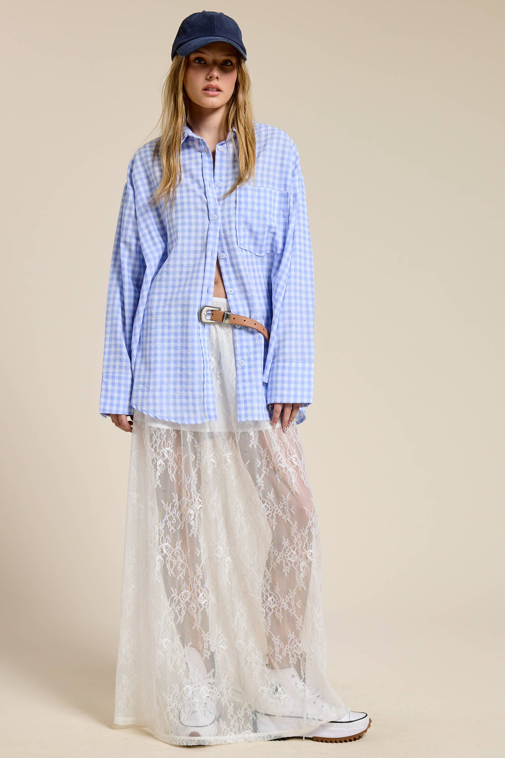 Light Blue Oversized Gingham Button Down Shirt