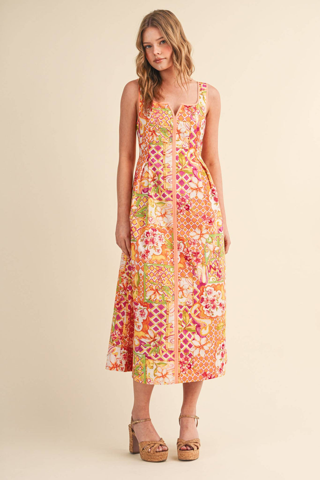 Ivory Pink Floral Midi Dress