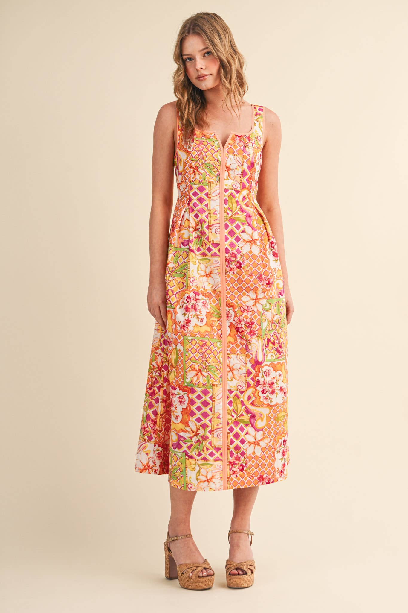 Ivory Pink Floral Midi Dress