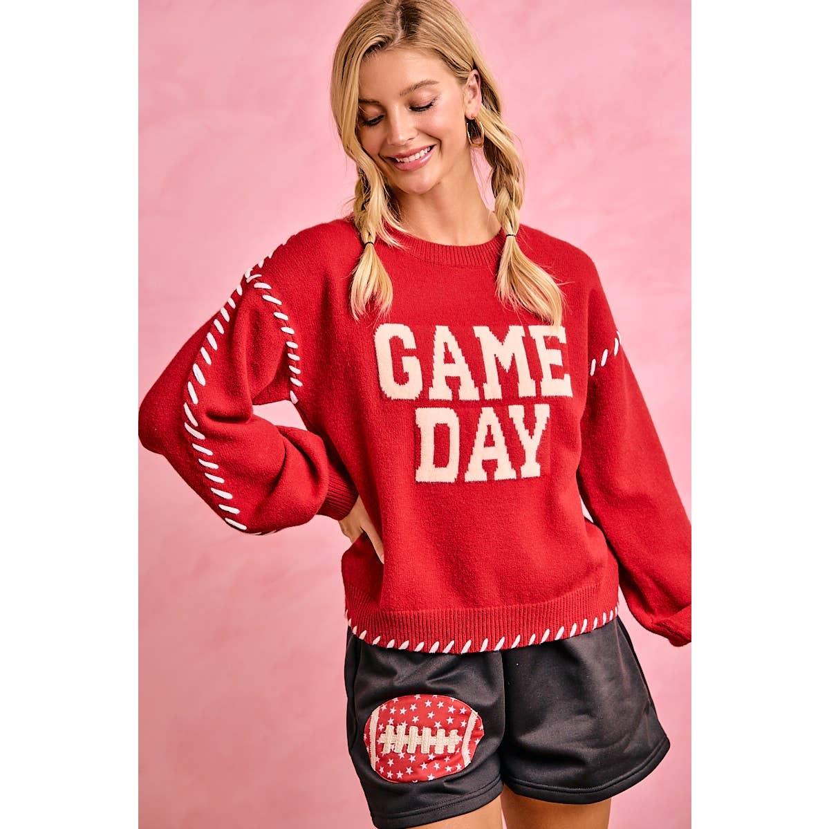 Red Gameday Contrast Stitch Sweater