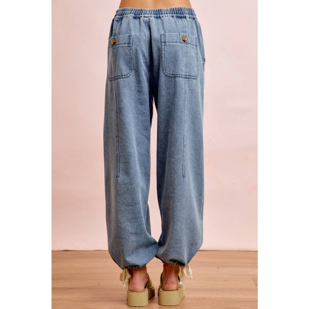 Washed Denim Drawstring Pants