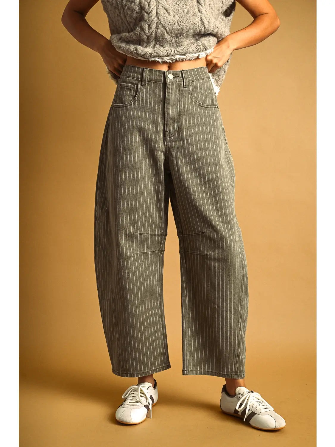 Olive Pinstriped Barrel Pant