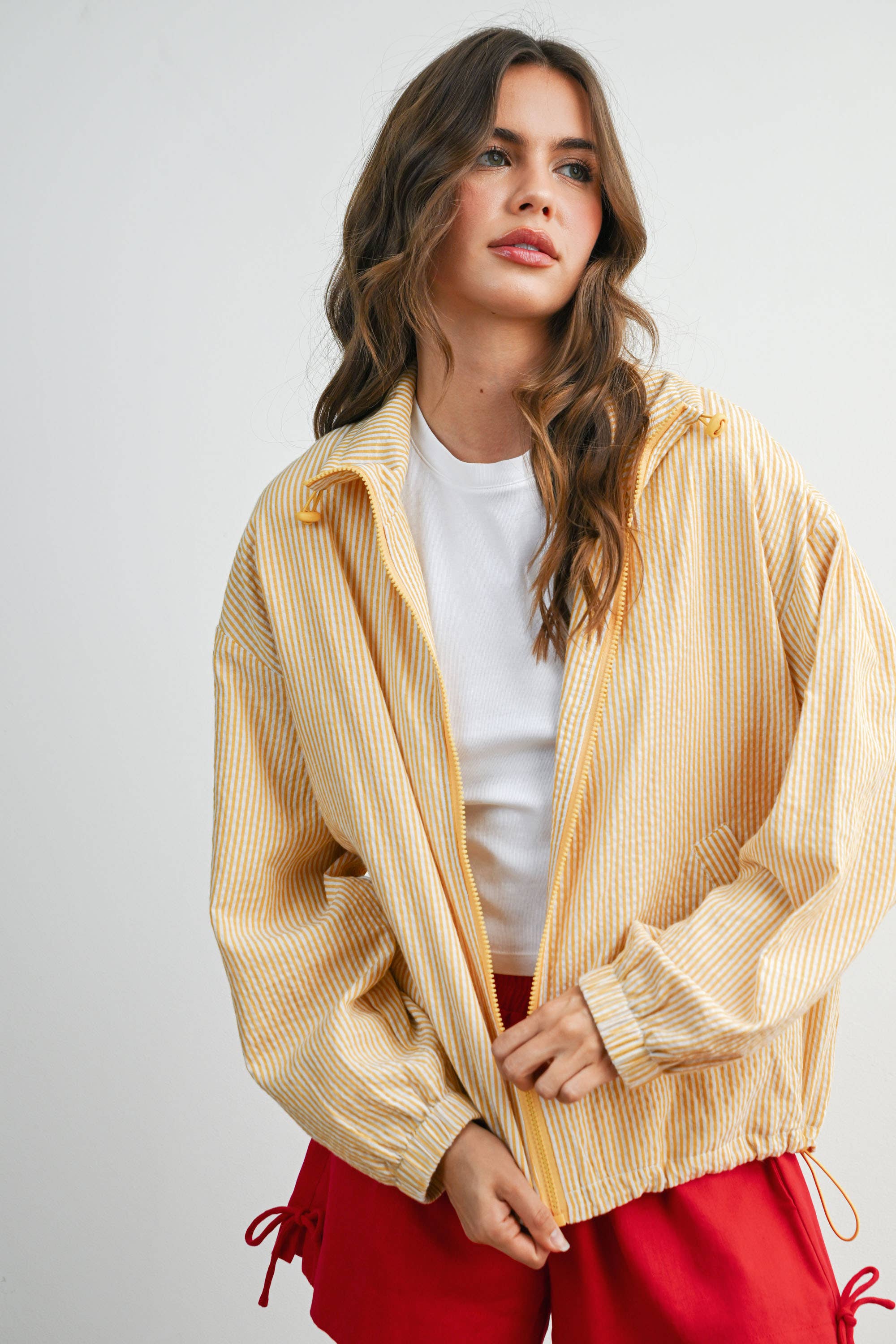 Yellow Striped Zip-Front Drawstring Jacket