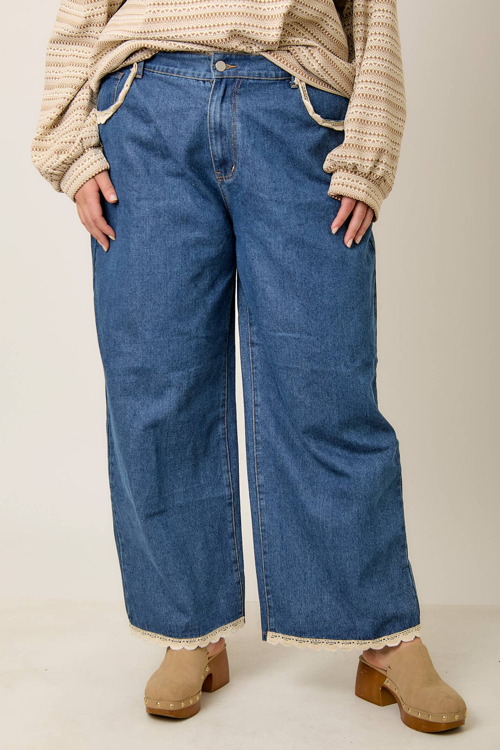 Plus Denim Jeans With Crochet Trim