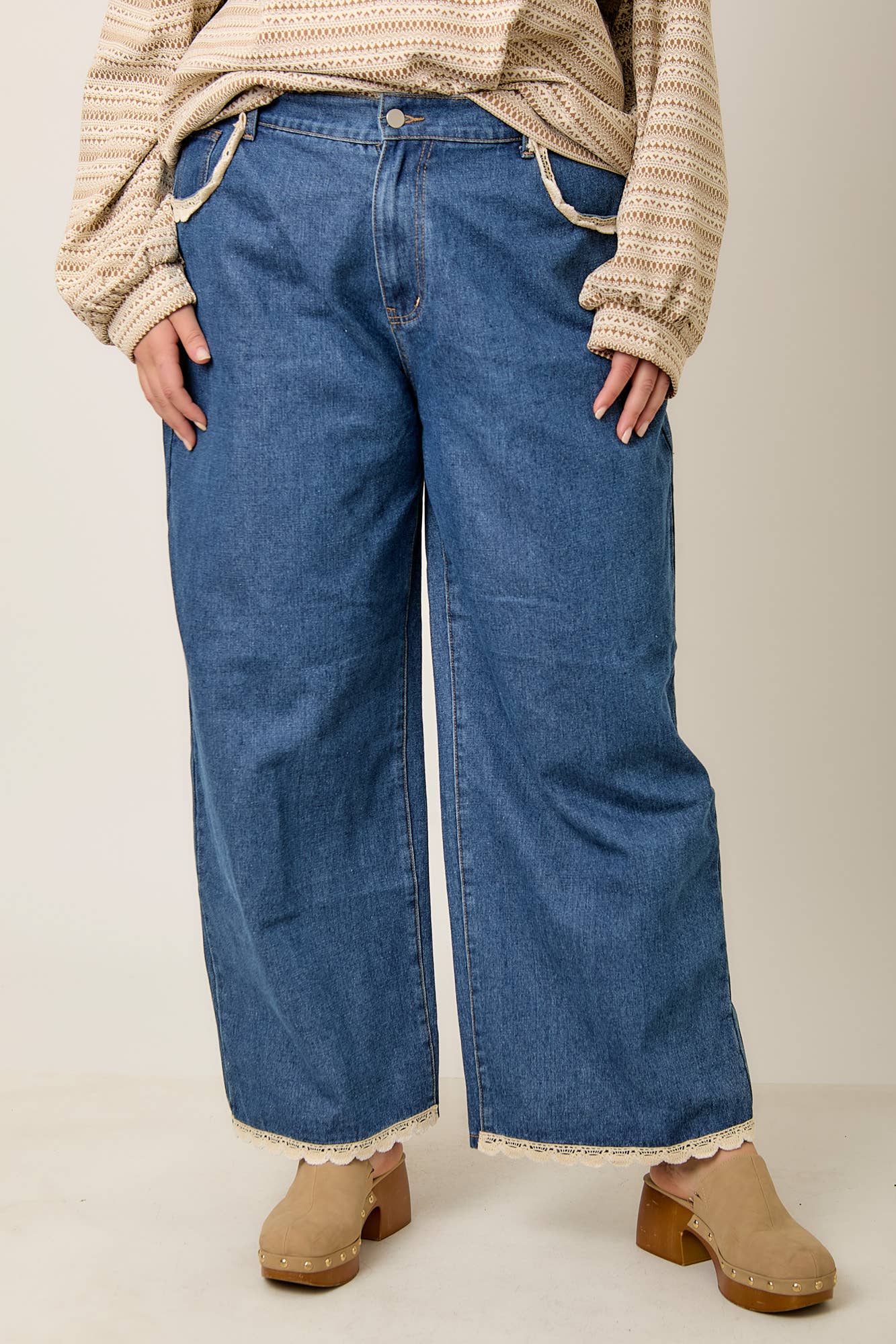 Plus Denim Jeans With Crochet Trim