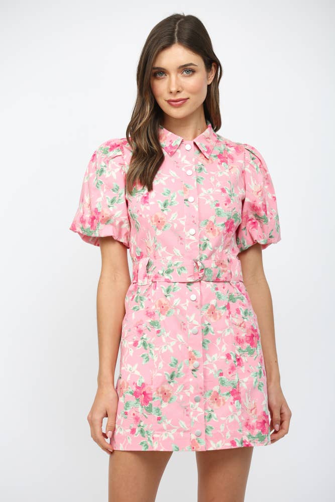 Pink Printed Button Down Mini Dress
