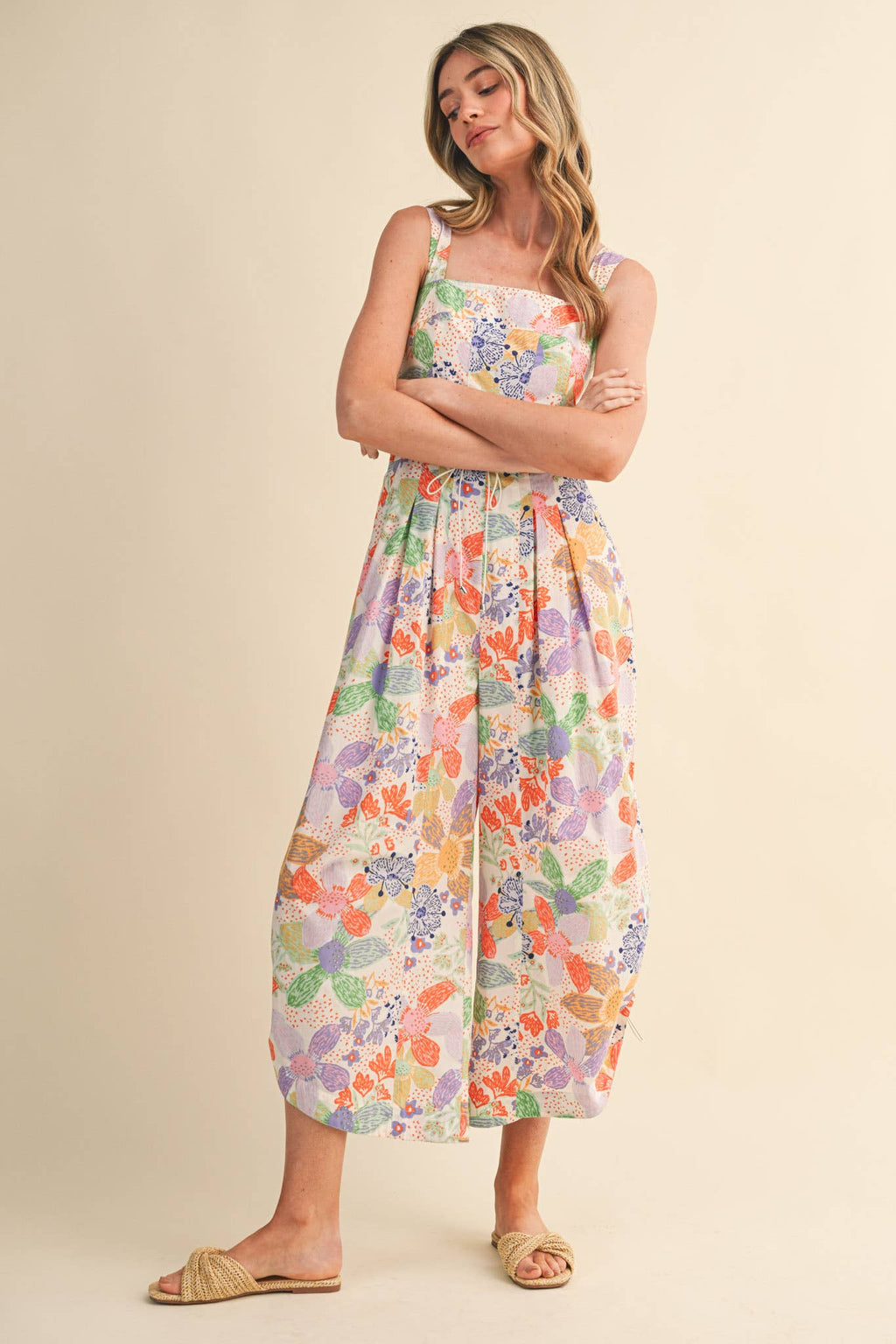Coral Floral Pleated Wide Leg Jumpsuit