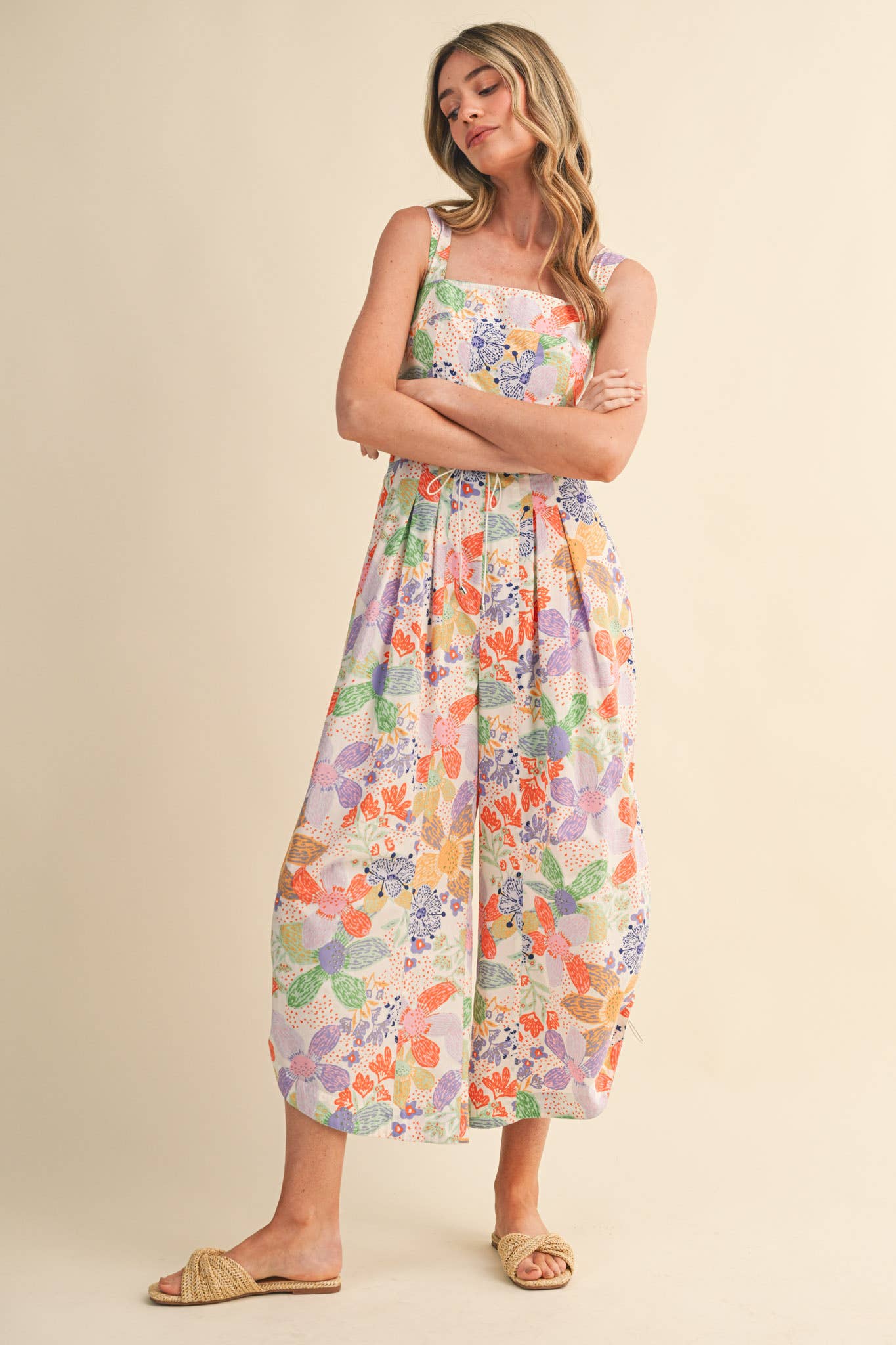 Coral Floral Pleated Wide Leg Jumpsuit