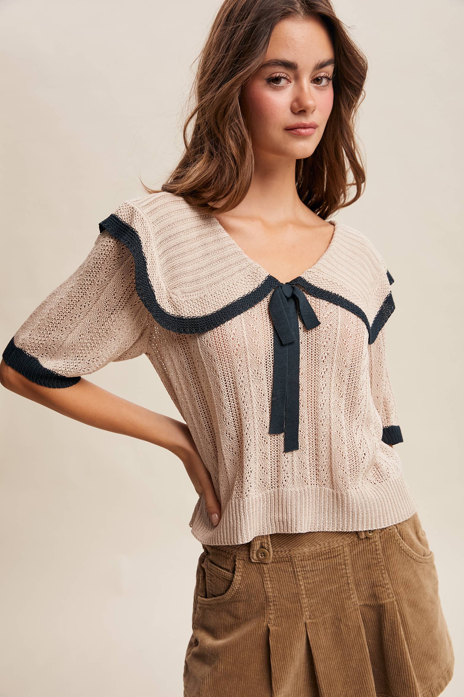 Oatmeal Knit Sailor-Collar Ribbon Top