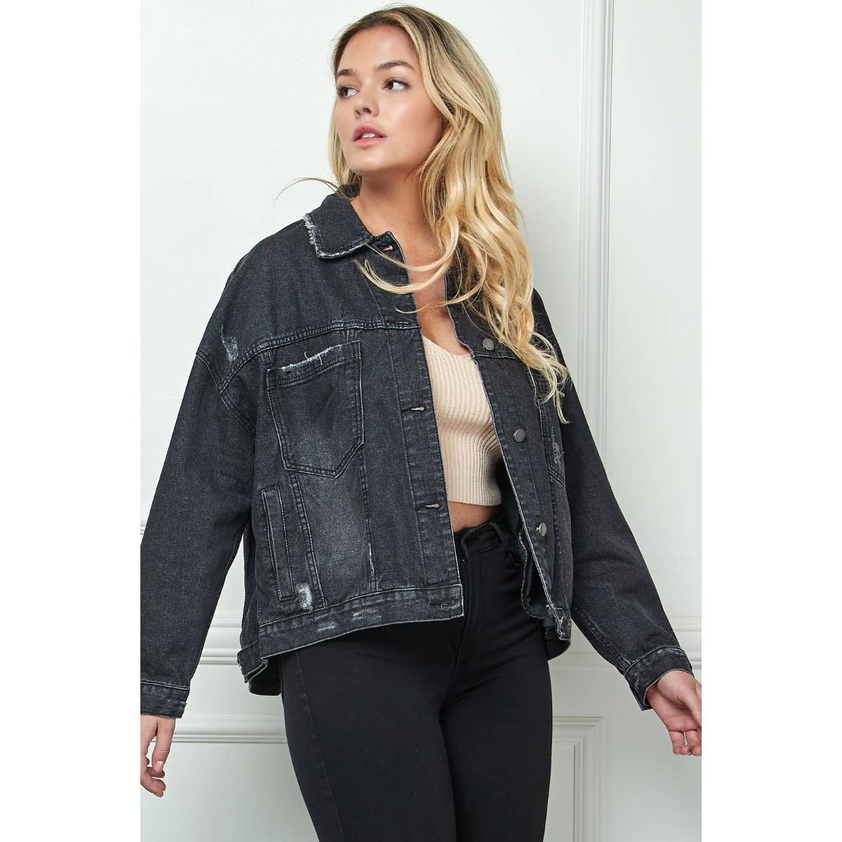 Plus Size Black Oversize Pleated Back Denim Jacket