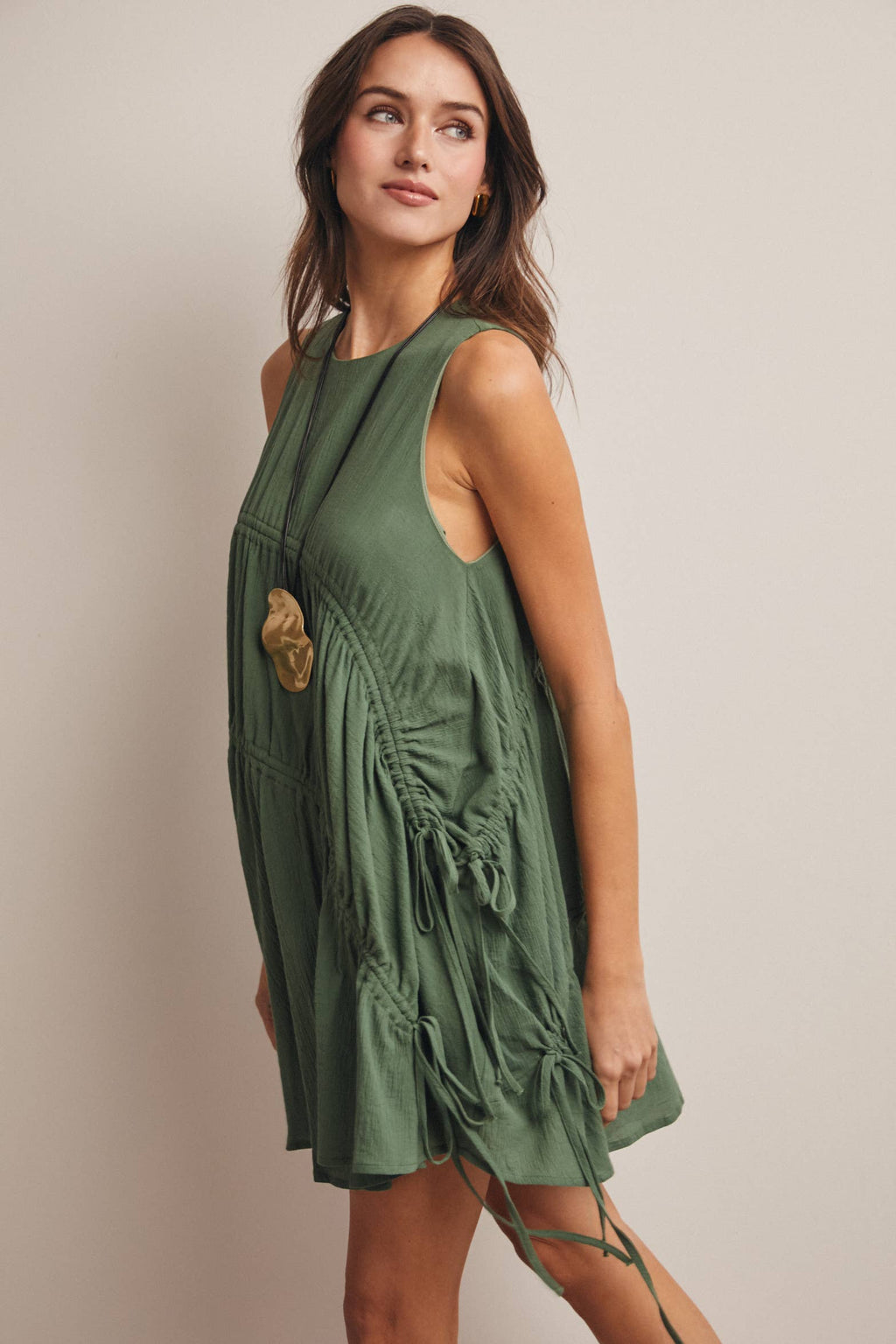 Eucalyptus Ruched Tie Detail Lined Mini Dress