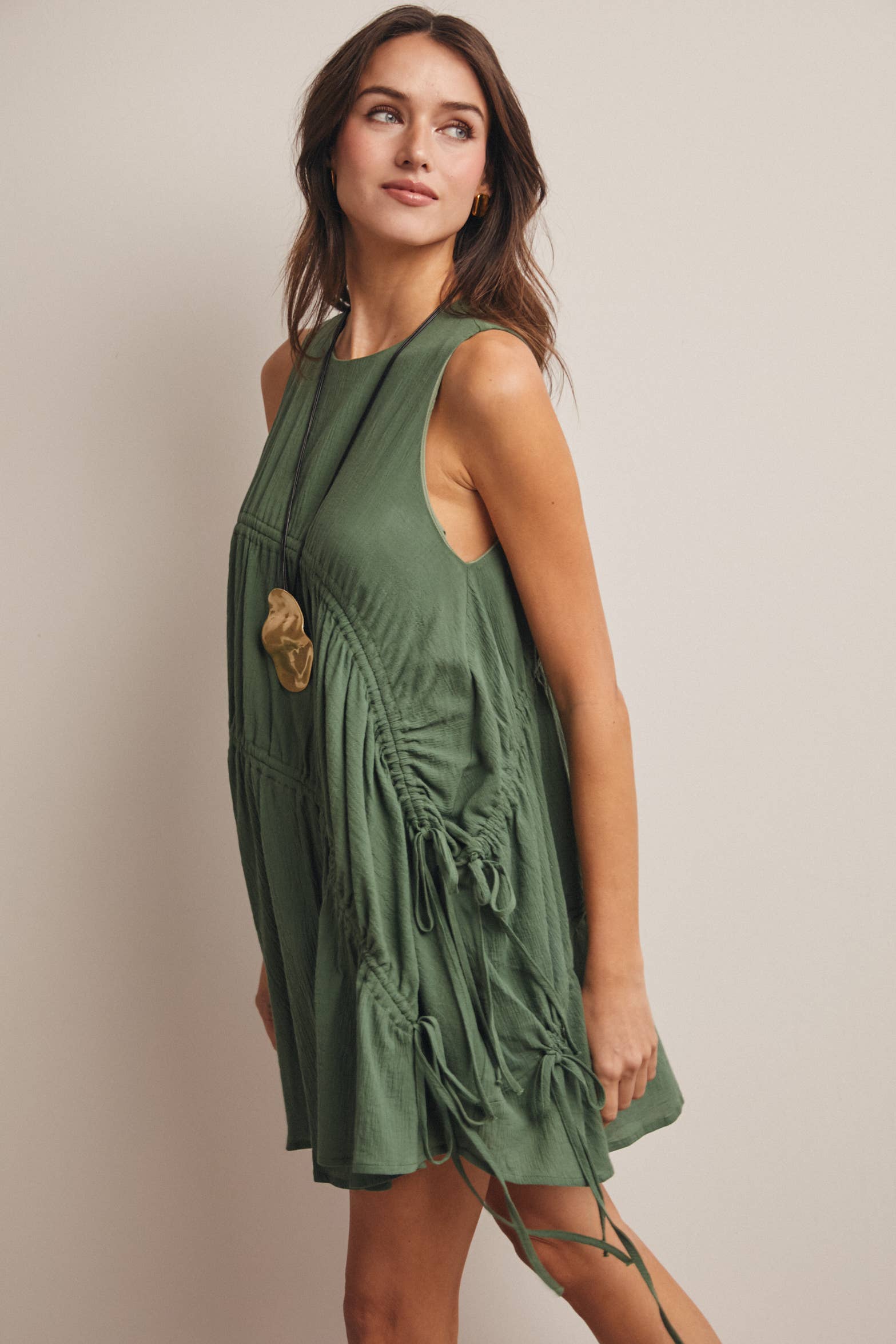 Eucalyptus Ruched Tie Detail Lined Mini Dress