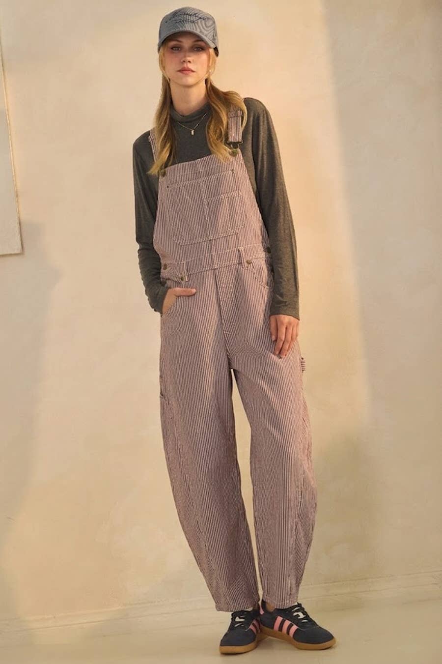 Brown Pinstriped Barrel-leg Overalls