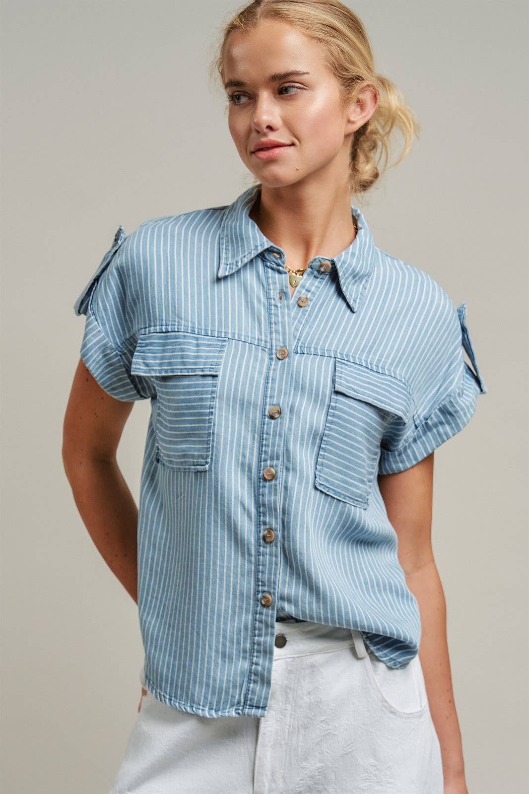 Striped Chambray Short Sleeve Shirt