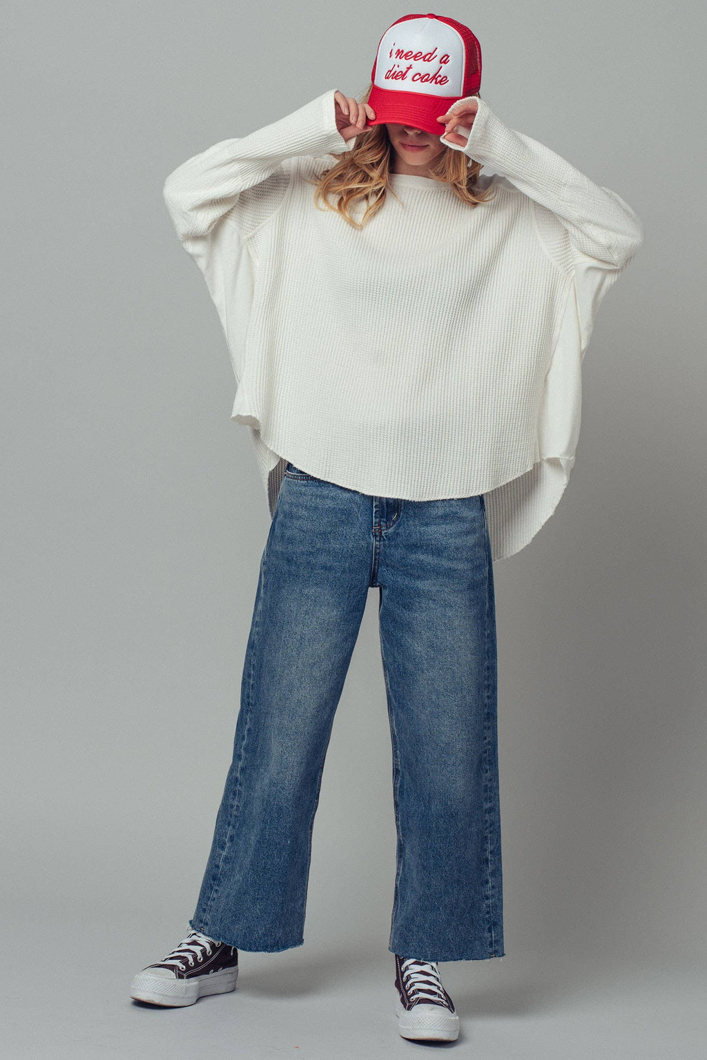 Ivory Oversized Waffle Knit High-Low Tunic Top