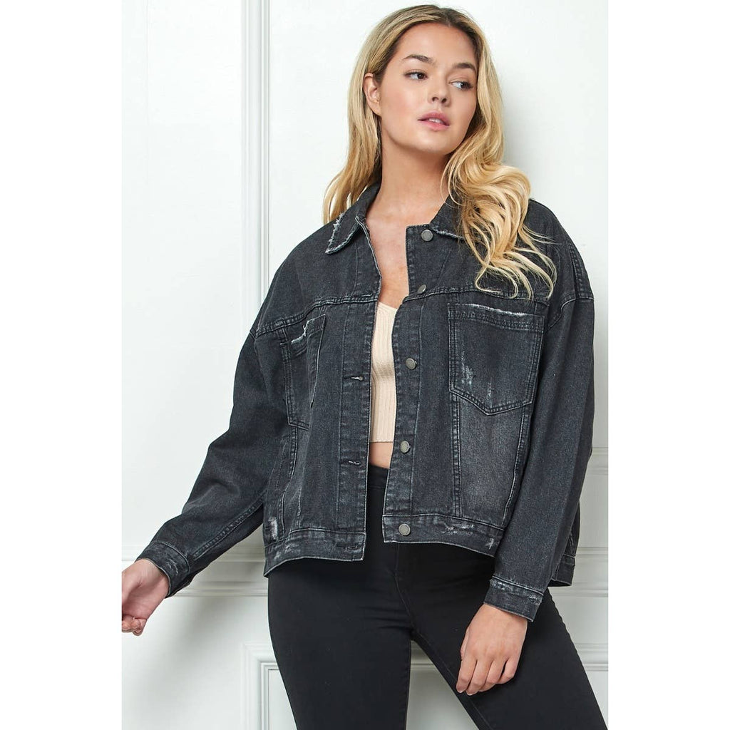 Plus Size Black Oversize Pleated Back Denim Jacket