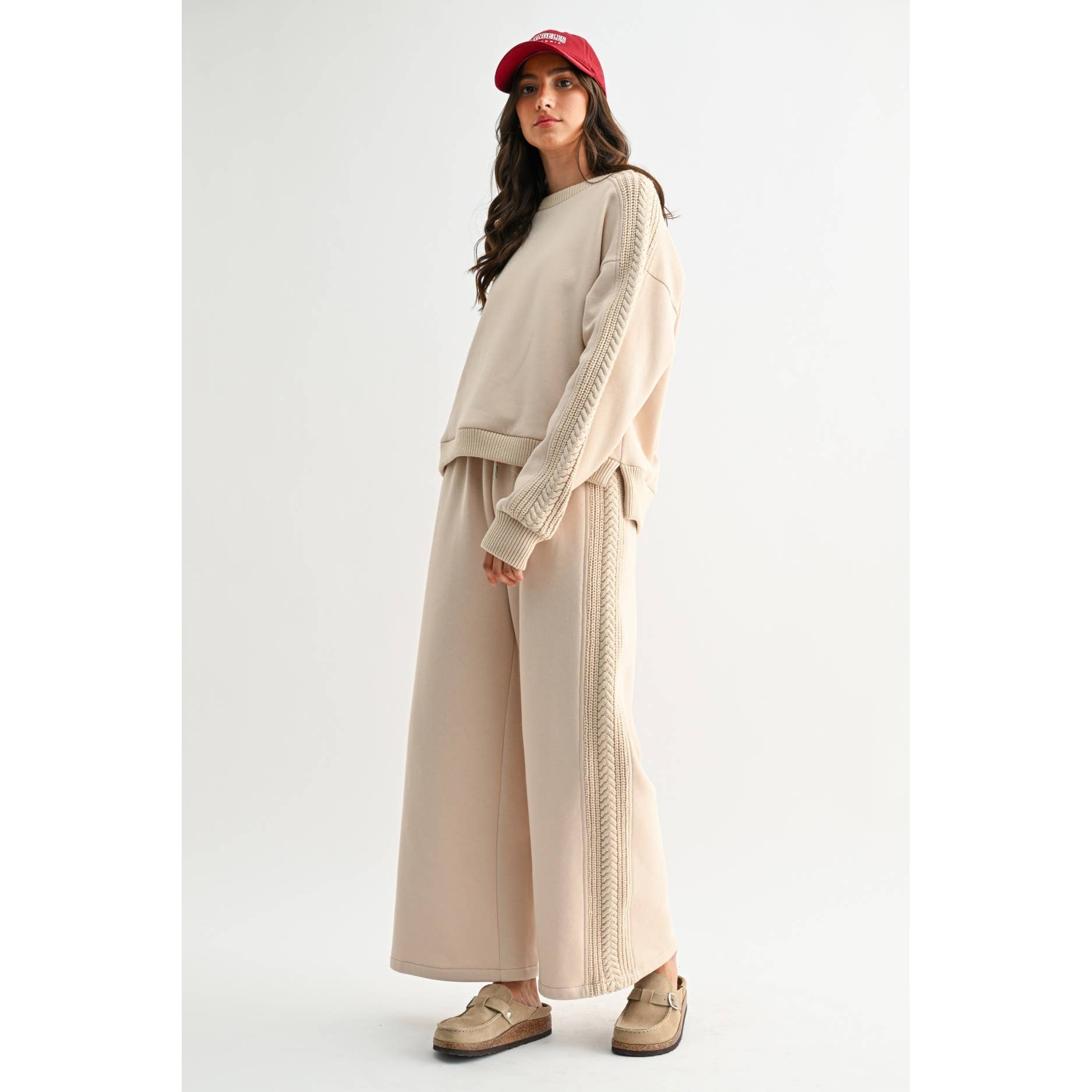 Beige Cable Knit Trim Bottoms