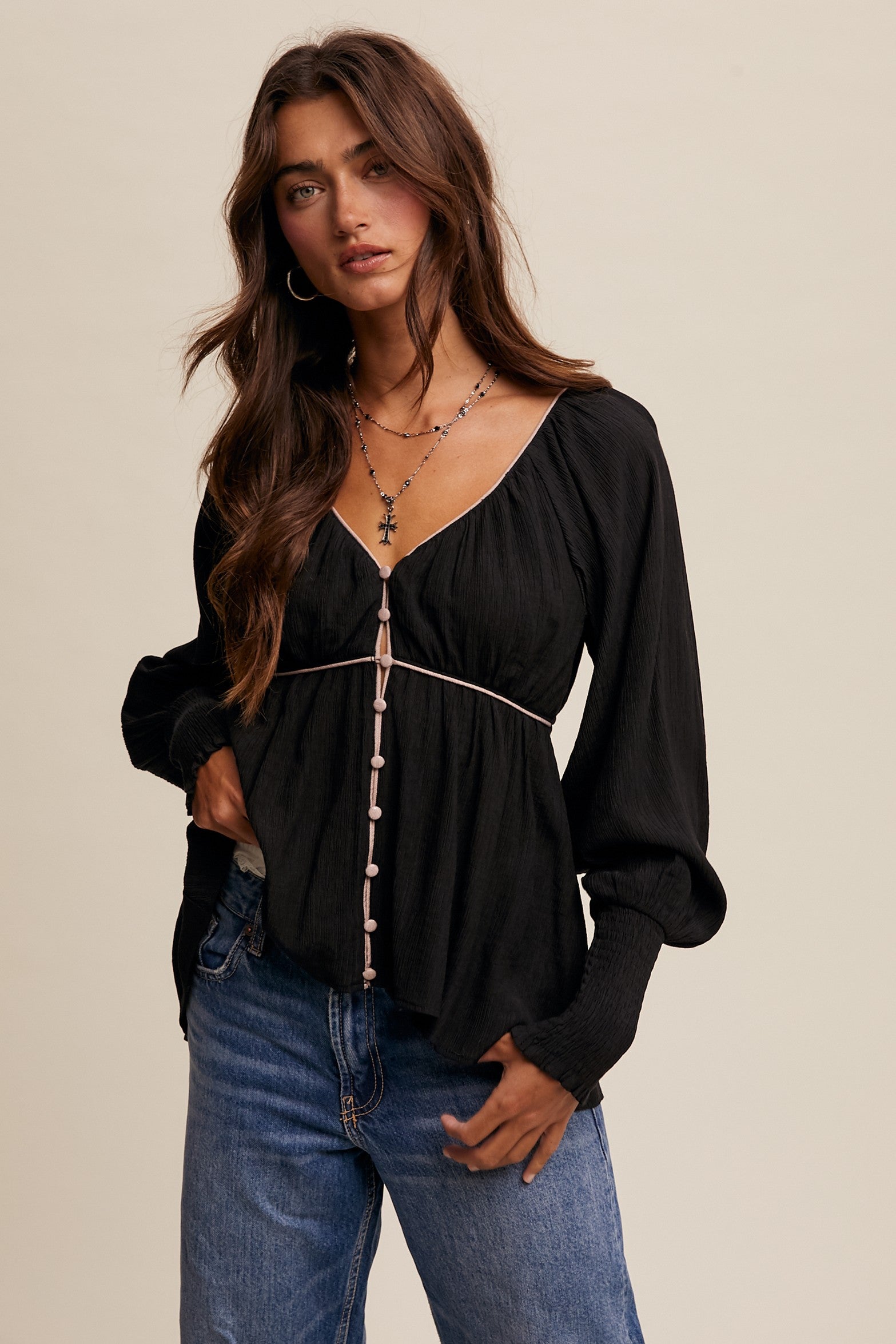 Button Front Pink Contrast Blouse Top