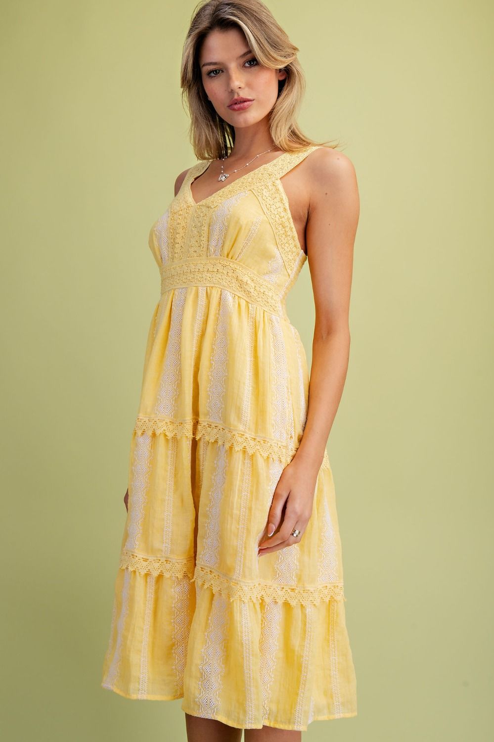 Yellow Embroidered Tiered Dress