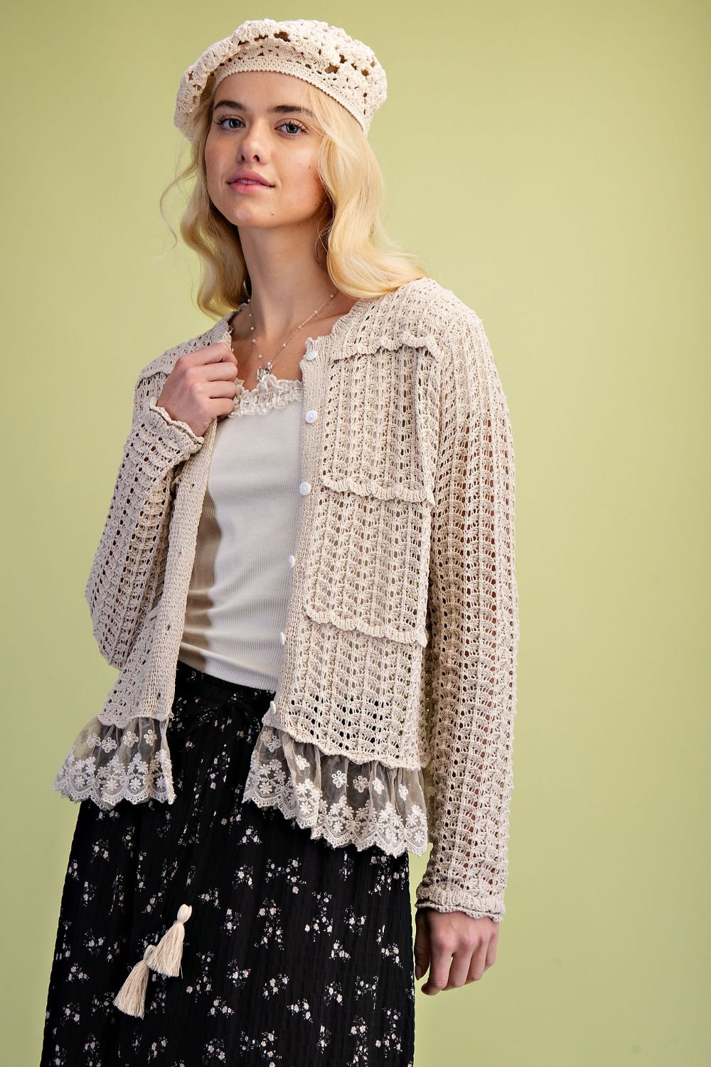 Natural Lace Bottom Knitted Cardigan