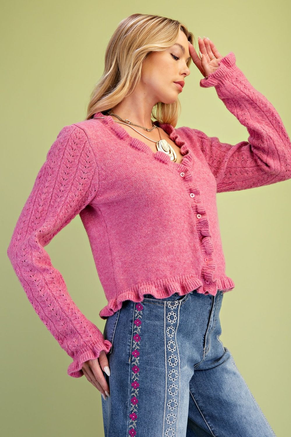 Lipstick Pink Ruffle Hem Cardigan