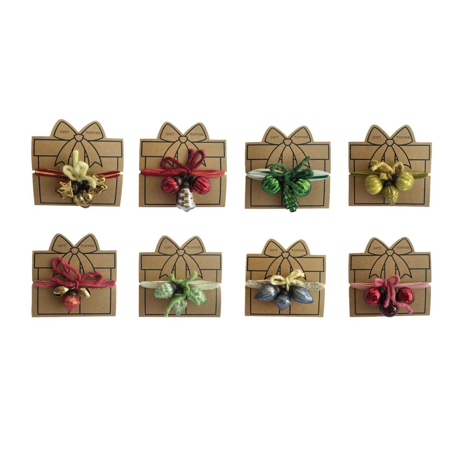 Glass Ornament & Metal Bell Gift Topper With 40" Ribbon Wrap