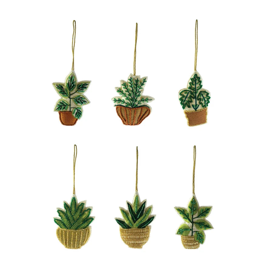 Cotton & Glass Beaded Potted Plant Ornament With Embroidery