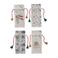 Cotton Chambray Printed Drawstring Wine Bag With Tassels