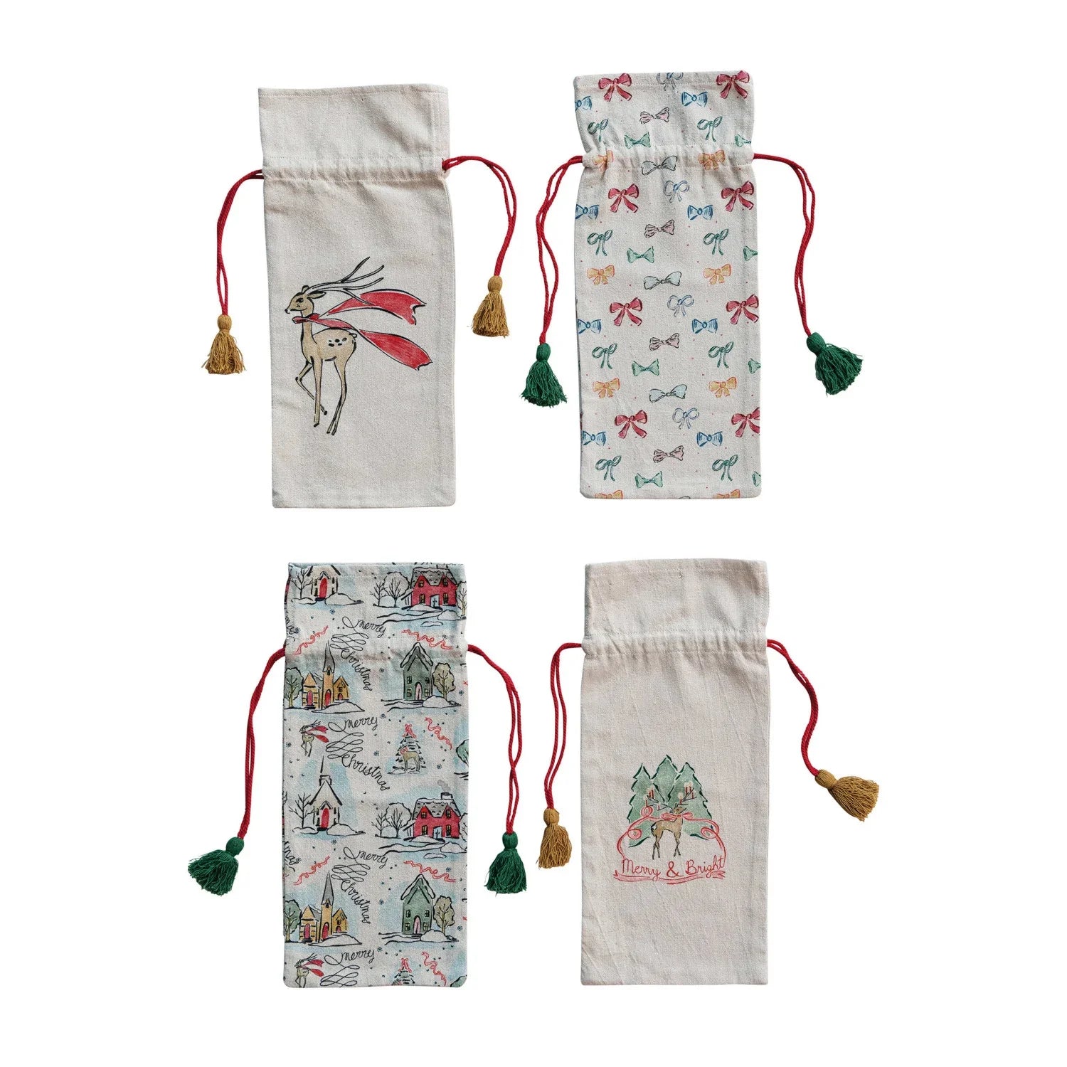 Cotton Chambray Printed Drawstring Wine Bag With Tassels