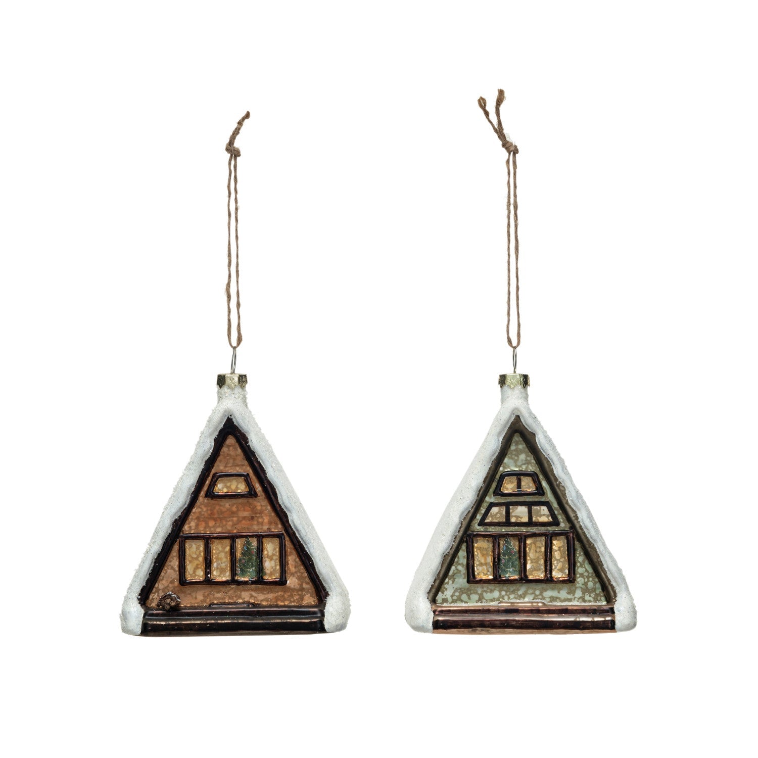 Glass A-Frame Cabin With Tree In Window Ornament