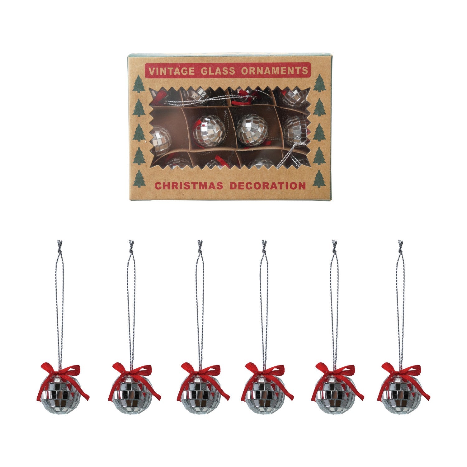 Foam & Glass Mini Mirror Ball Ornaments with Bow, Boxed Set of 12